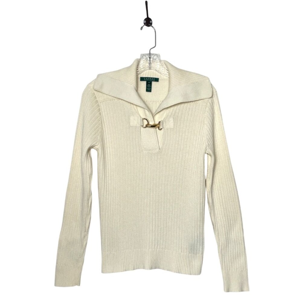 Lauren Ralph Lauren Women's Gold-Clasp Ribbed Knit Sweater Sz M100% Cotton Ivory